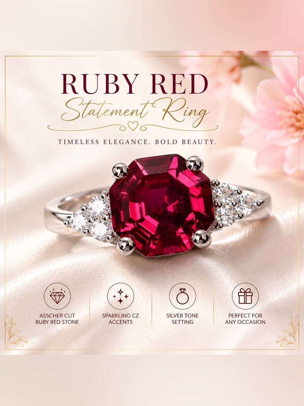 Ruby Red Asscher Cut Halo Style Ring Silver Tone Statement Ring
